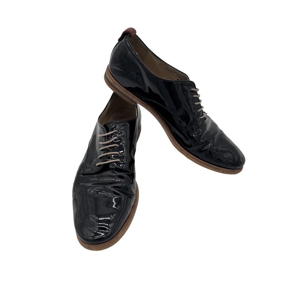 AGL Italy Womens Oxford Size 9  39 Black Patent Lace Up Flat Loafer Dress Shoe
